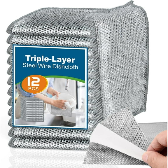 12 Pack Steel Wire Cleaning Cloths, Triple-Layer Wire Dishwashing Rag, Durable Non Scratch Dish Rags for Washing Dishes, Multipurpose Kitchen Dishcloth