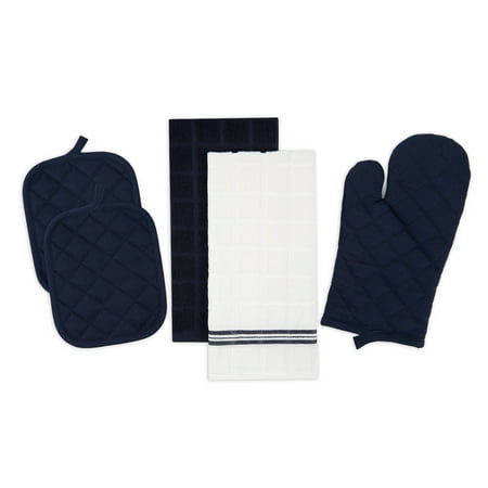 Mainstays Kitchen Towel  Oven Mitt & Pot Holder Kitchen Set  5 Piece  Navy Blue