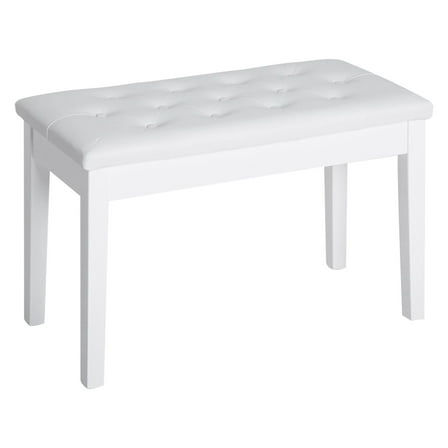 SAZYY Piano Bench with Storage, Wooden Duet Seat with White Faux Leather Button Tufted Cushion, for 2 Person
