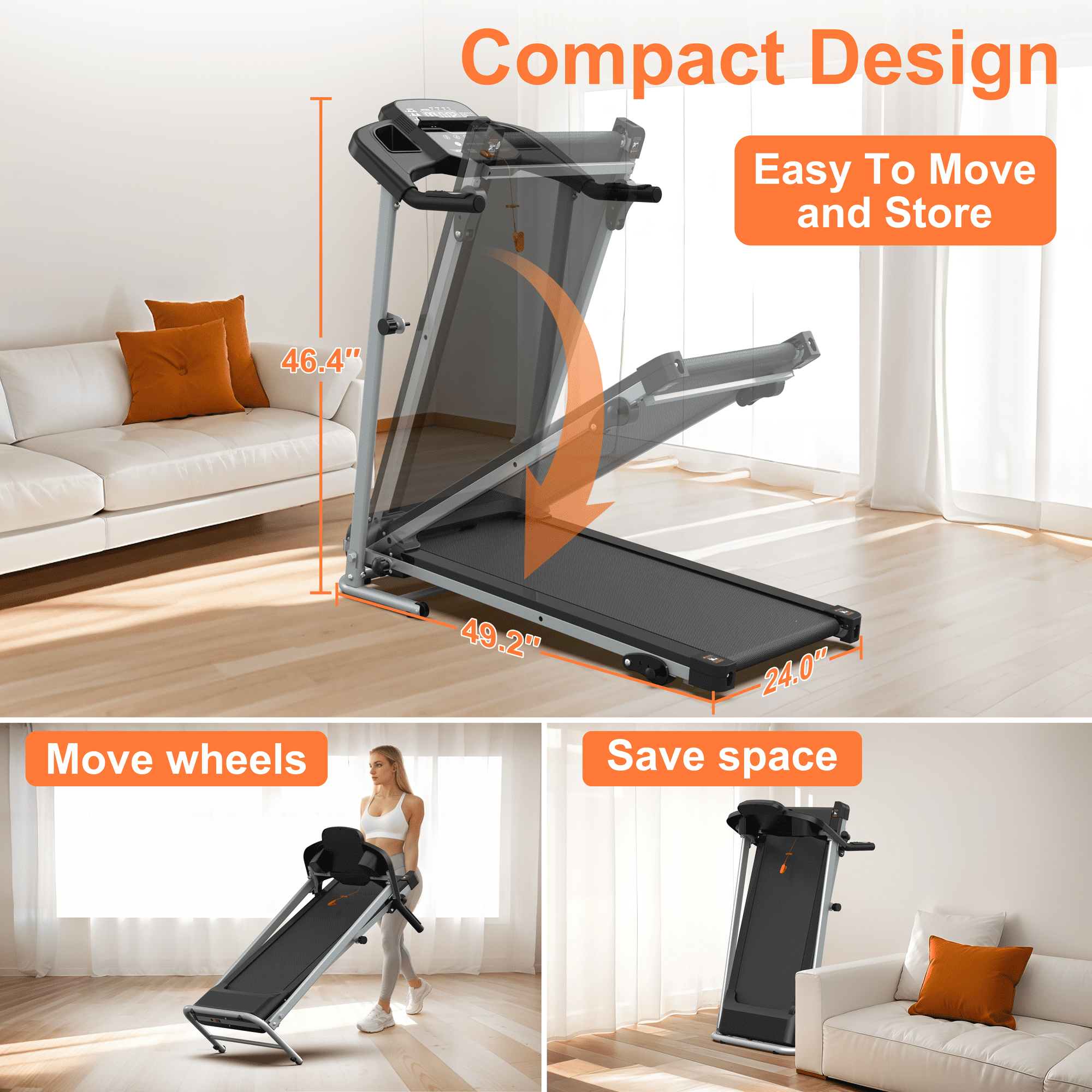 OBENSKY Foldable Electric Treadmill for Home, 2.5HP Quiet Portable Folding Small Treadmill, 7.5 MPH, LCD Display, Heart Rate Senso