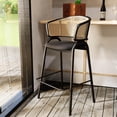 thumbnail image 2 of LeisureMod Bar Stool Upholstered in Leather with Powder-Coated Stainless Steel Black Base and Curved Wicker Back Design for Modern Home, Dining Room, Kitchen Ervilla Collection in Black, 2 of 12