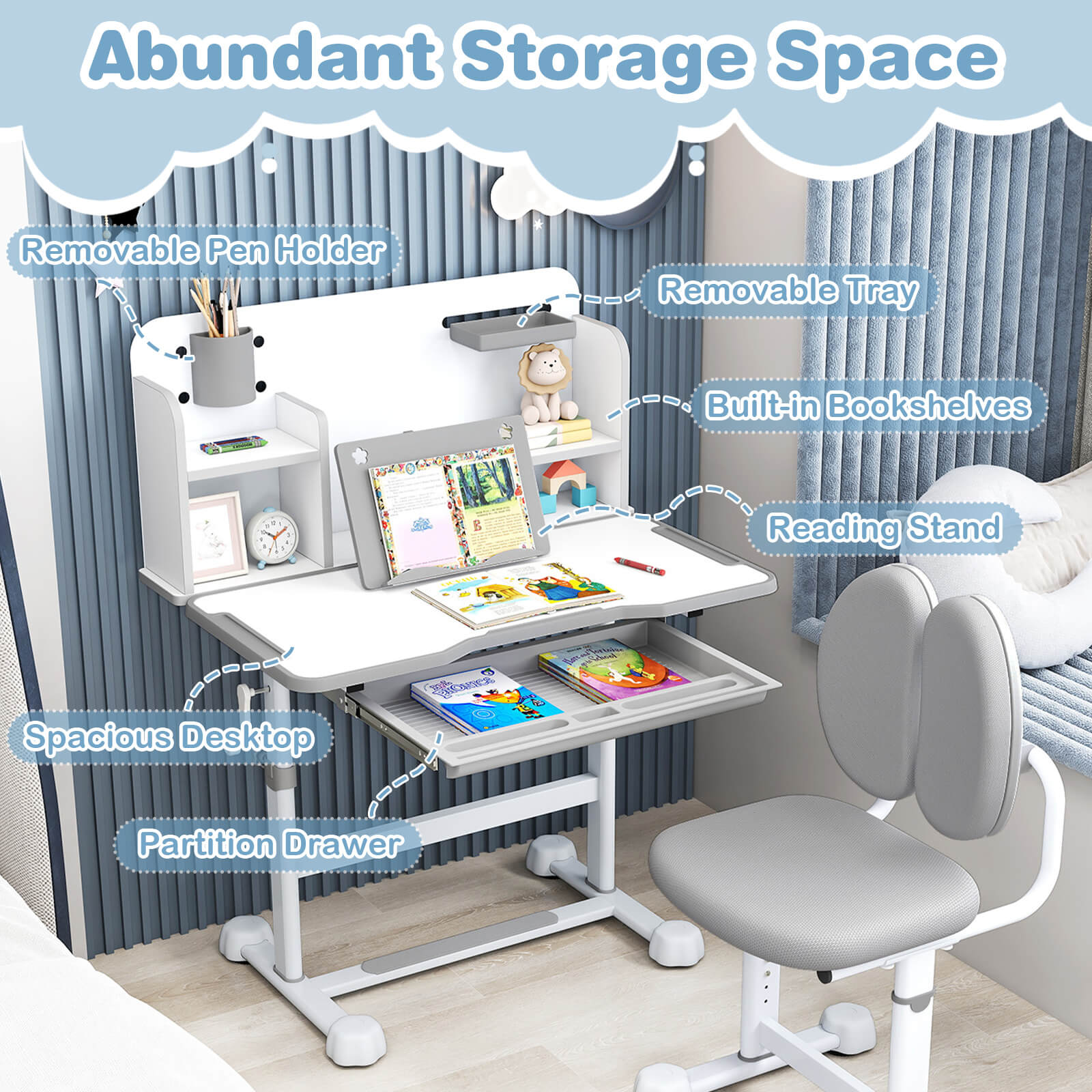 Costway Kid’s Study Desk & Chair Set with Tilt Desktop, Pen Holder & Tray, Reading Stand Gray