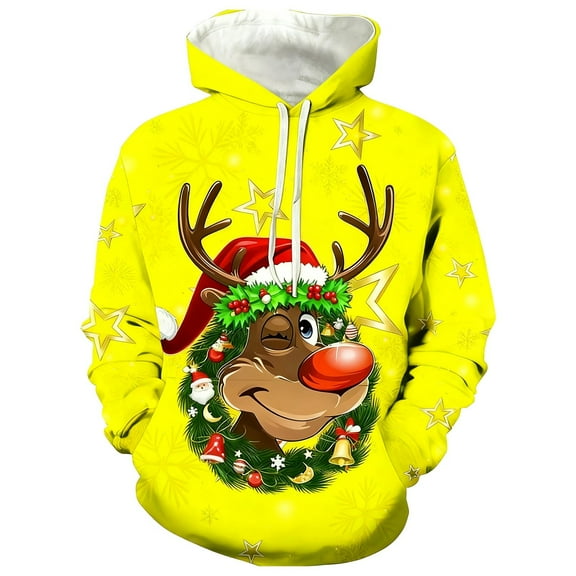 Fiaer Christmas Hoodies for Men Oversized Loose Fit Hooded Sweatshirts Funny Reindeer Printed Long Sleeve Xmas Tops with Pocket Yellow XL