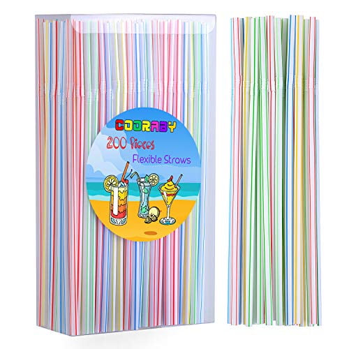 Cooraby 200 Pieces Colorful Disposable Straws Flexible Plastic Straws 5 mm x 210 mm Drinking Straws for Kids and Adults 