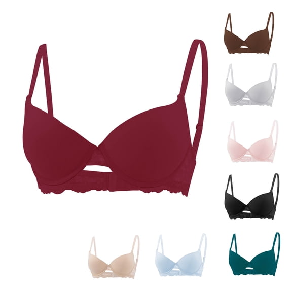 Bixock Bras for Women Solid Color Lace Back Closure Breathable Wireless V Neck Push up Bras