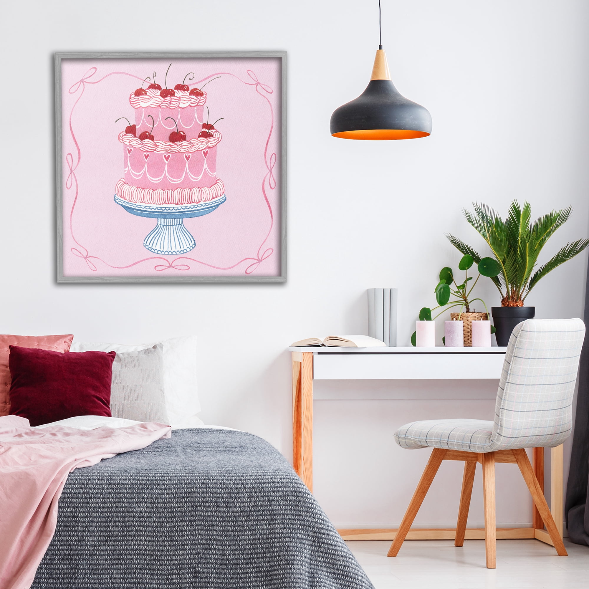 Stupell Industries Romantic Pink Cherry Cake Gray Framed Giclee Art, design by Grace Popp