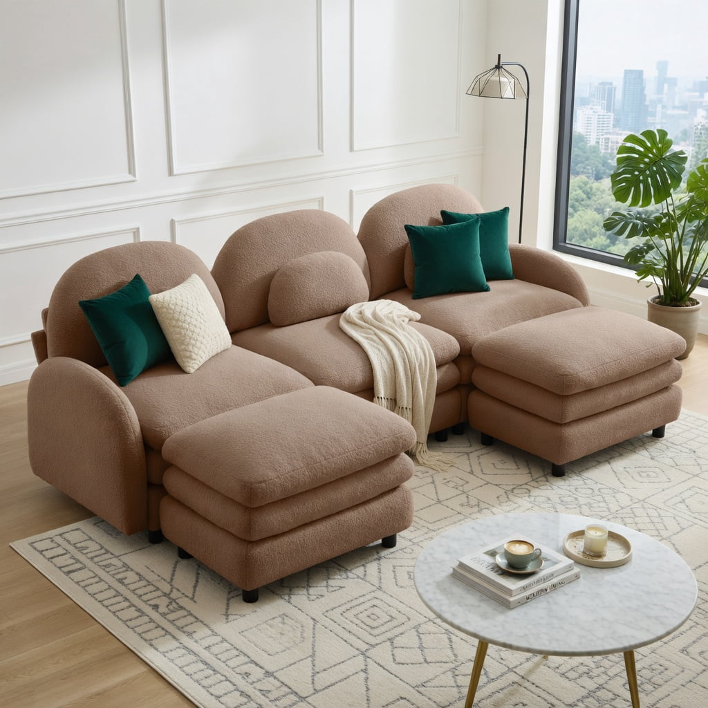 Hommoo Teddy Fleece 3-Seat Modular Sectional Sofa, Cloud-Like Double-Layer Cushions, Curved Backrest & Armrests, Includes 2 Movable Ottomans & Lumbar Pillows, Camel