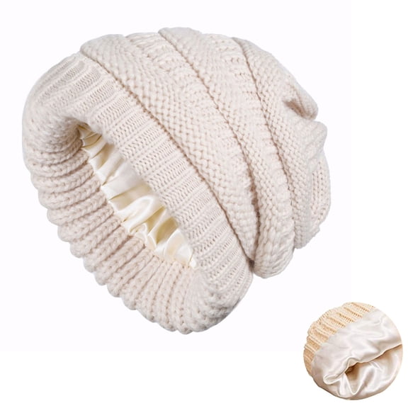 Women's Satin Lined Slouchy Beanie, Cozy Cable Knit Winter Hat with Silk Like Lining for Hair Scalp Protection, Soft Warm Knit Cap for Autumn Winter Outdoor Beige