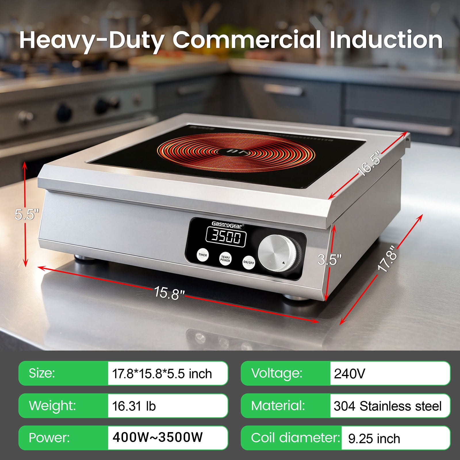 GastroGear 3500W Commercial Induction Cooktop, 208V  Heavy-Duty Countertop Induction Burner, Electric Cooktop with 9.25" Copper Coil, 24H Timer for Commercial Kitchens