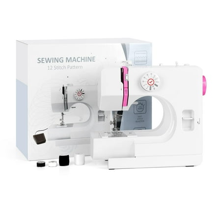 Mini Sewing Machine for Beginners, Electric Portable Small Sewing Machine with 12 Built-In Stitches Reverse Sewing Adjustable Speed LED Light Foot Pedal Heavy Duty Household Mending Stitching Machine