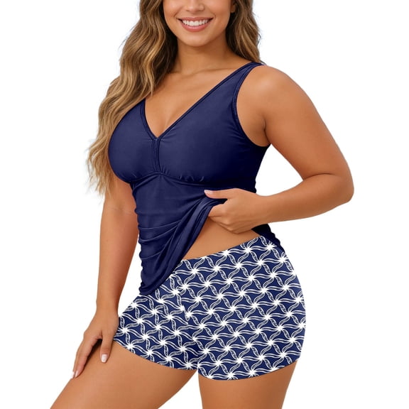 DHFJKG Tankini Swimsuits For Women 2 Piece Swimwear Deep V Neck Tankini Top And High Waist Shorts Bottoms Trendy Beachwear