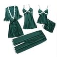thumbnail image 2 of Womens 5Pcs Pajamas Sets Silk Satin Pjs Elegant Solid Color Lace V Neck Cami Underwear Set With Robes Pj Set Green XXL, 2 of 3