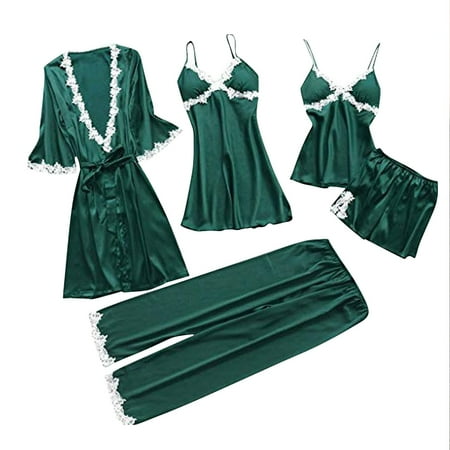 

TANGNADE Pajamas For Women 5-Piece Women Sexy Garter Lingerie Set Robes Lace Bodysuit Deep-V Neck Underwear (Green)