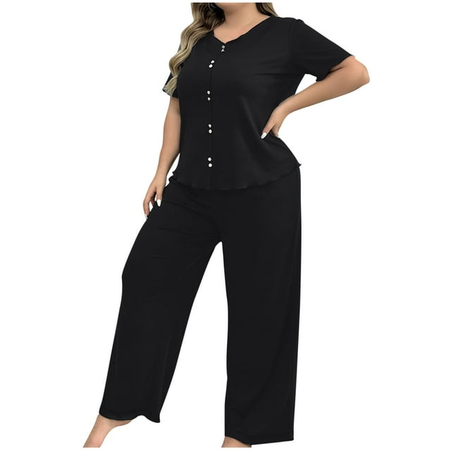 MeetoTime Pajamas for Women Set Plus Size Solid Color Collar Short Sleeved Top Long Pants Two-piece Set