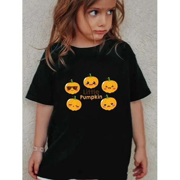 Halloween T-shirt - Cute Smiling & Frowning Face Pumpkins with Hearts & Bats, Soft Breathable Knit Cotton Round Neck Short Sleeve Top for Fall, Back-to-School, Halloween Party Outfits