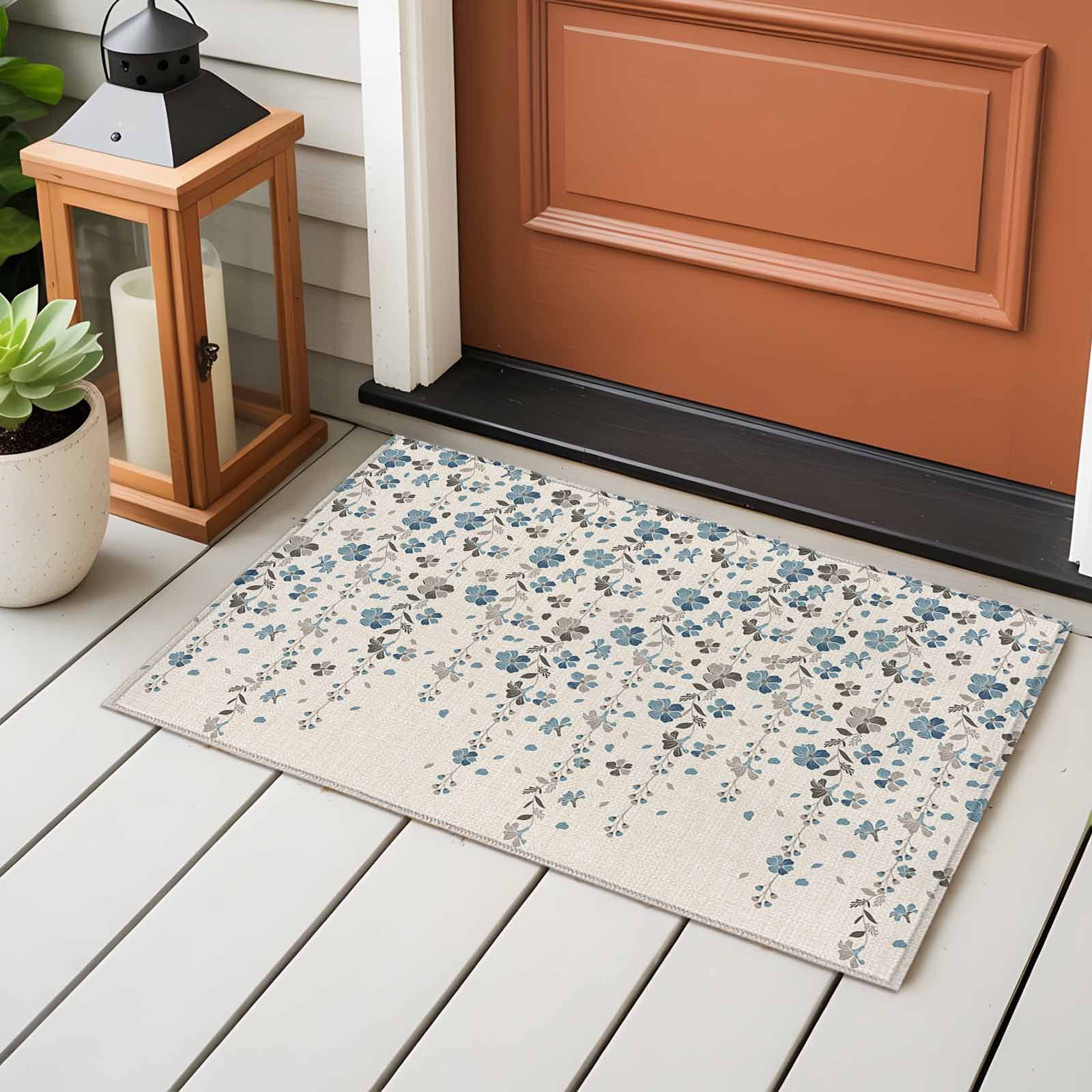 Weeping Flowers Bathroom Mat 2x3 FT, Non Slip Small Kitchen Mat, Blue Grey Spring Floral Botanical Rustic Burlap Washable Soft Backed Front Door Throw Rug Indoor Outdoor Doormat for Entryway Sink