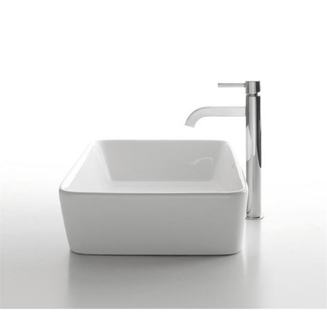Kraus C-KCV-121-1007CH Rectangular Ceramic Vessel Sink with Ramus Faucet, White - Chrome