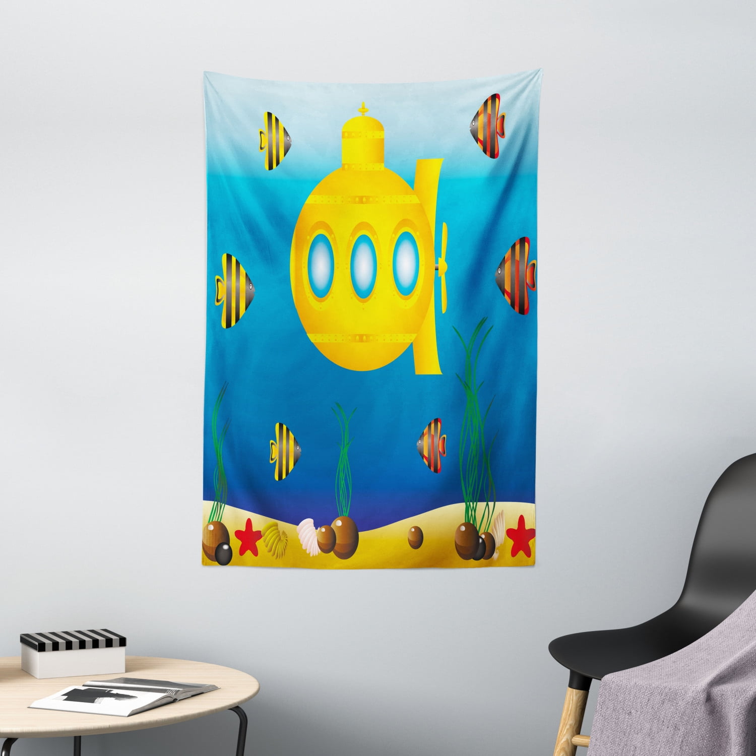 Yellow Submarine Decor Tapestry, Nautical Theme a Submarine Surrounded
