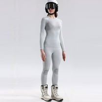 Riecok Womens Thermal Underwear Sets Seamless Round Neck Solid Color High Elasticity Ski Winter Warm Top and Bottom Sets Gray L
