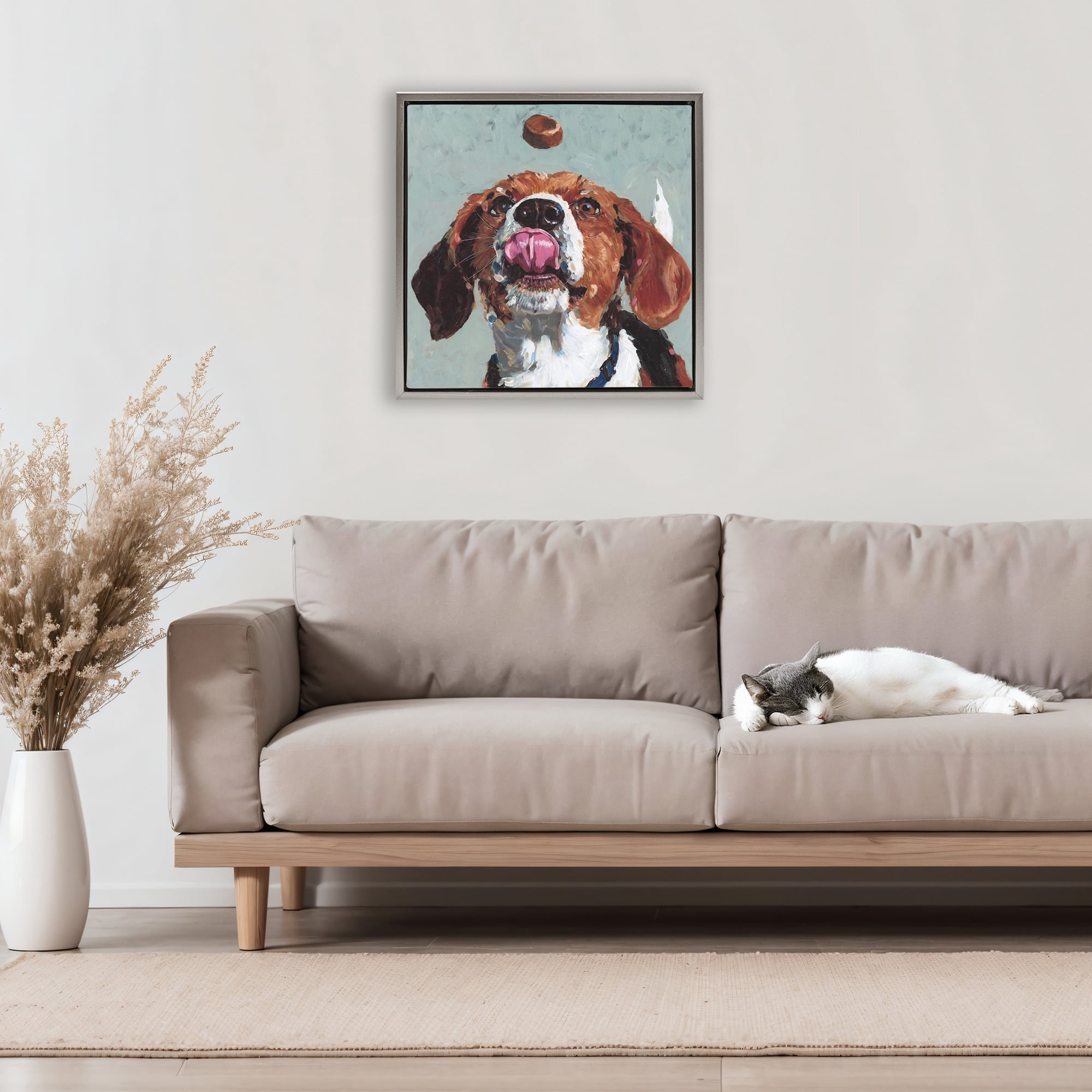 Stupell Industries Beagle Treat Excitement Gray Framed Floater Canvas Wall Art, design by Studio Bautista