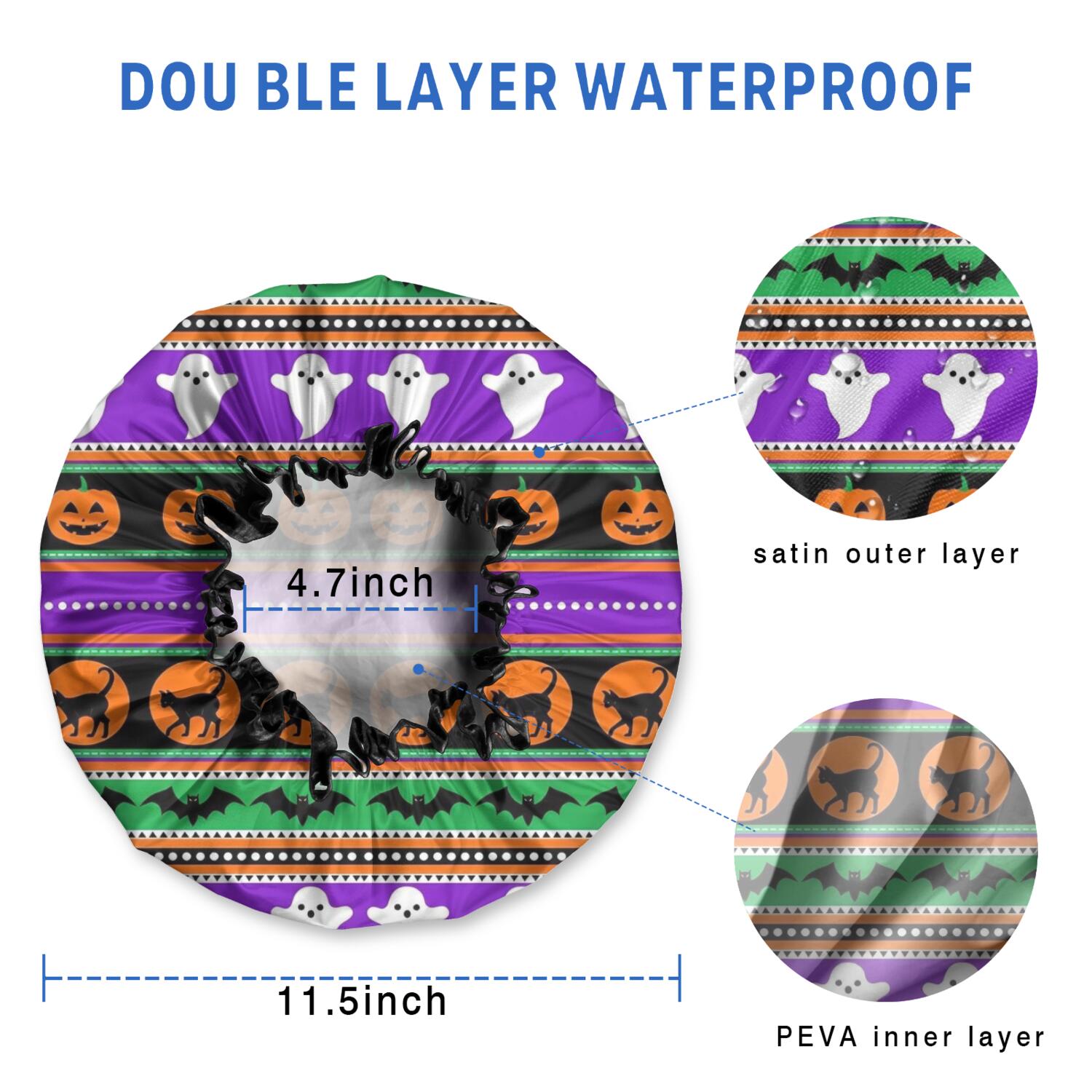Shower Caps,Halloween Striped Icons Pattern Waterproof Shower Cap for Women 4 Pieces,Double Reusable Hair Cover for Shower PEVA Elastic Stretch Hem