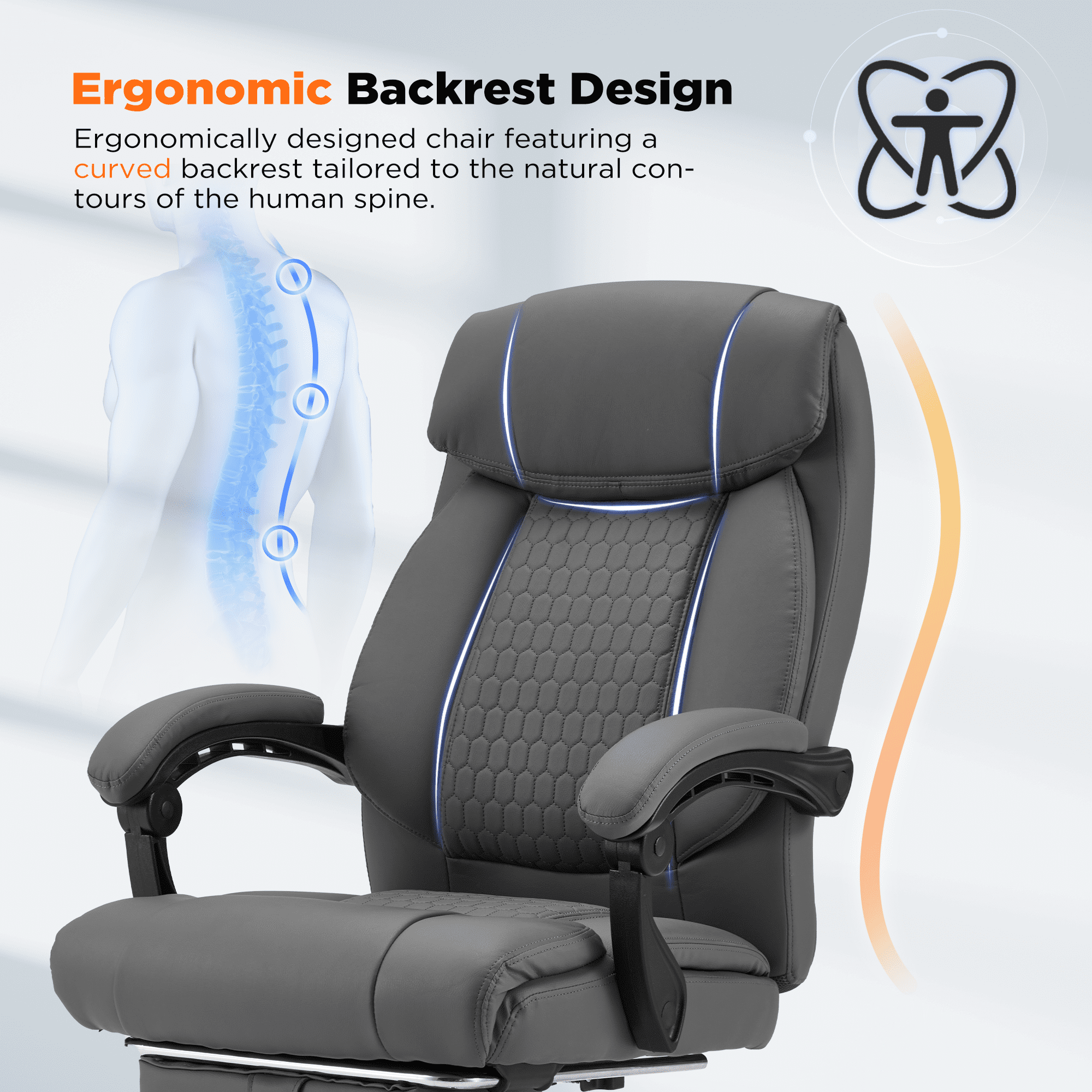 HOMREST  Ergonomic Administrative Office Chair, Heated Massage Lounge Chair with Adjustable Backrest, Foot Pedal, for Home & Office Use, Grey