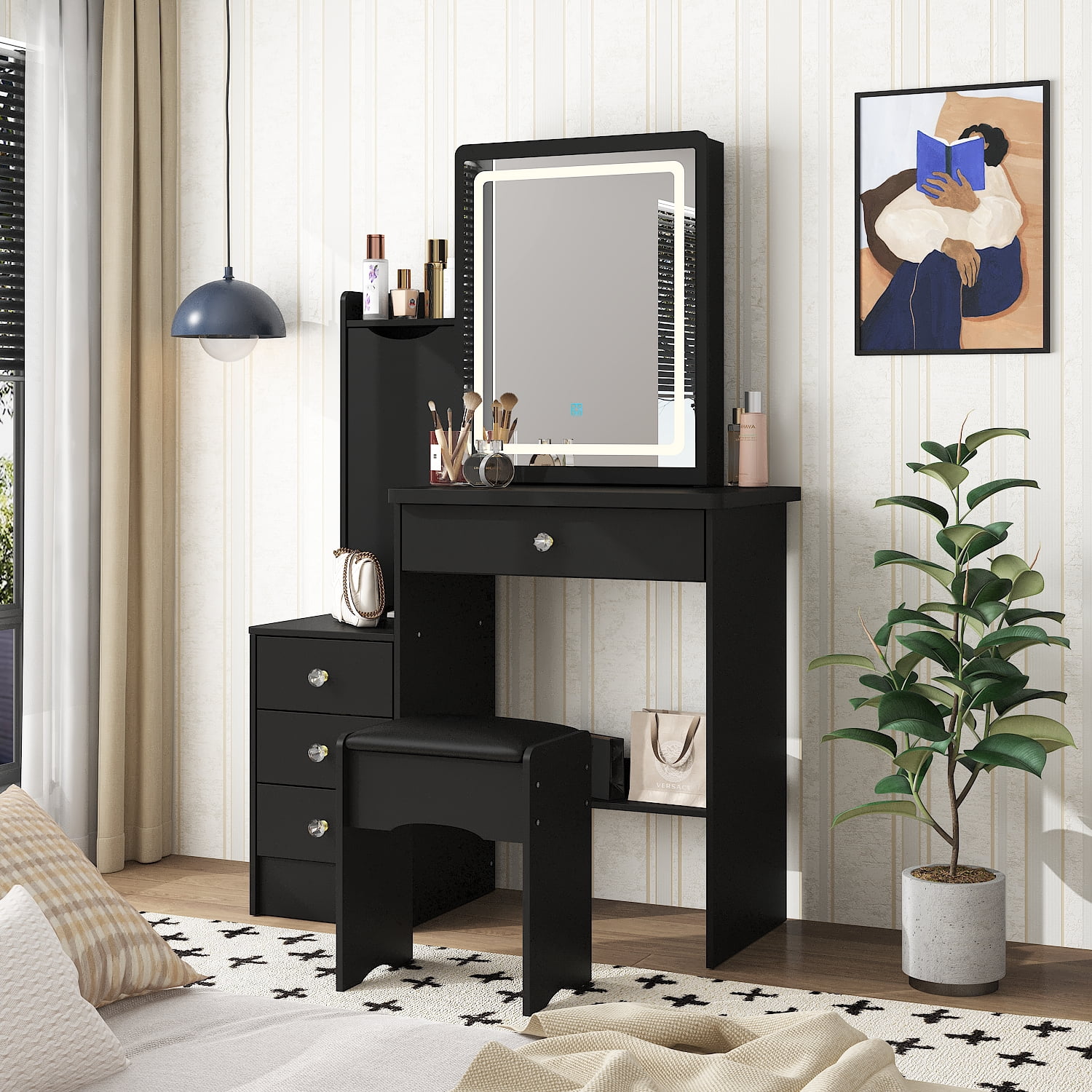 MONSLIPA Vanity Set with Light Mirror, Makeup Dressing Table with 4 Drawers for Bedroom, Black
