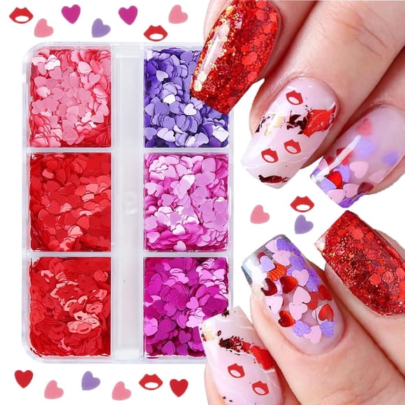 GLINLS Set de glitter para uñas con corazones, 6 compartimentos, San Valentín