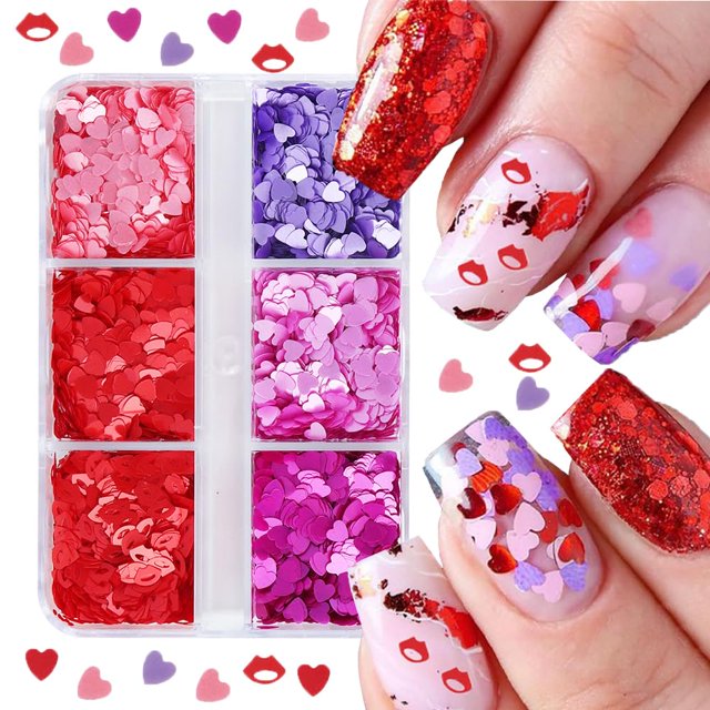 GLINLS Set de glitter para uñas con corazones, 6 compartimentos, San Valentín