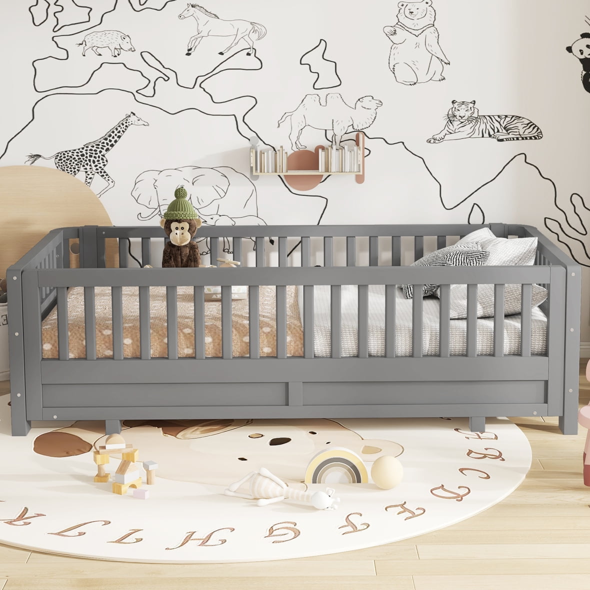 Twin XL Montessori Floor Bed or Queen Platform Bed for Kids, Solid Wood Twin XL Bed Frame with Guardrails, 2-in-1 Convertible Toddler Bed Frame, Grey