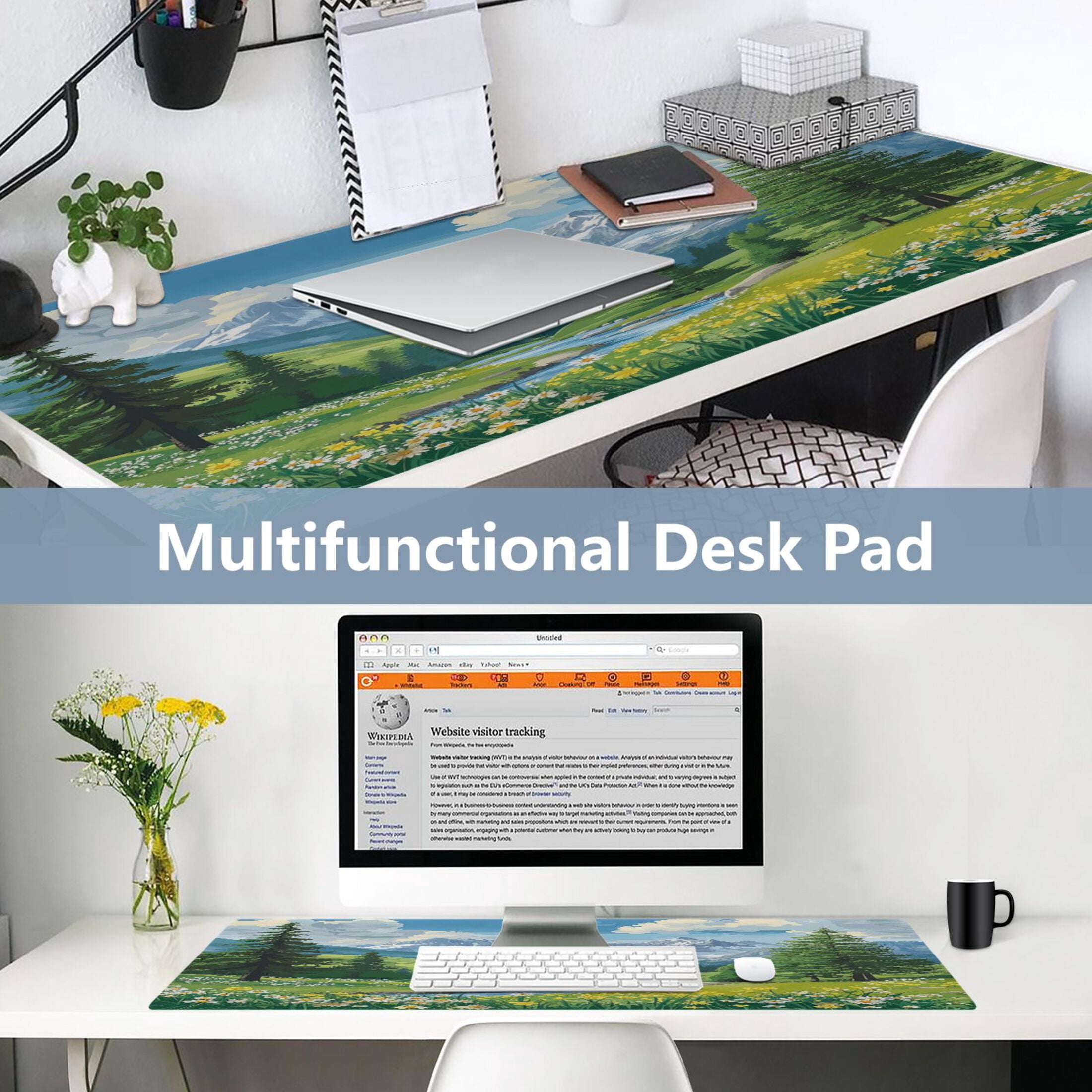 Leather Keyboard and Mouse Desk Mat Office Desk Accessories Protective Office Desk Decor Desk Pad Mat for Gaming, Work from Home, Office Summer Mountains 23.6" x 47.2"
