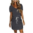thumbnail image 2 of Robe d'Été Décontractée pour Femmes, Robe à Manches Courtes pour Femmes, Mode Féminine Couleur Unie Robe Mi-Mollet à Col en V, 2 of 5
