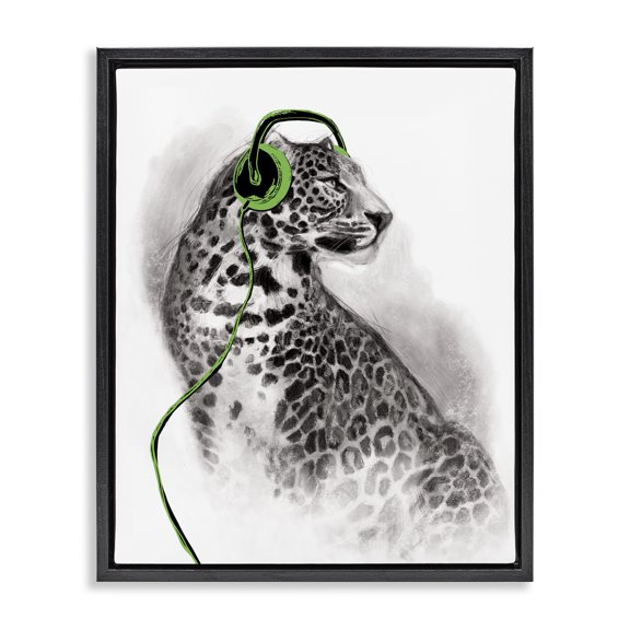 Stupell Industries Cheetah with Headphones Animals & Insects Painting Black Floater Framed Canvas Art Print Wall Art, 17 x 21
