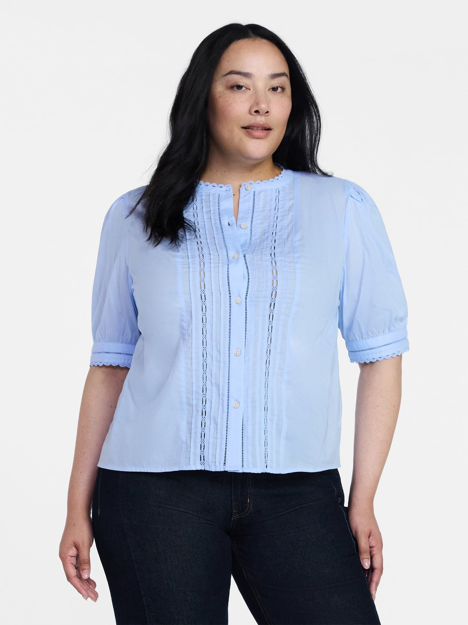 Time and Tru Women's and Women's Plus Cotton Lace Inset Blouse with Elbow Length Sleeves, Sizes XS-4X