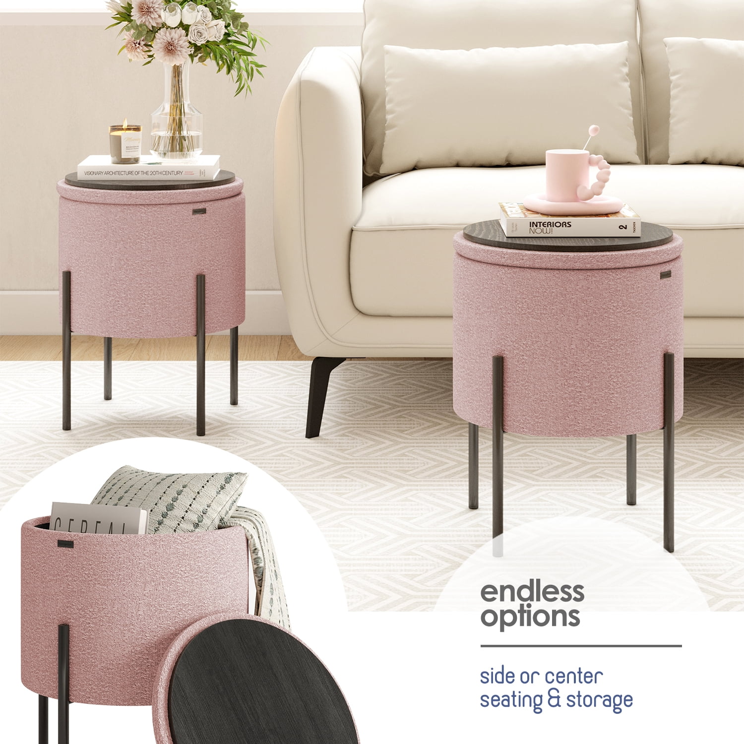 LammaLoe Small Round Ottoman with Storage, Boucle Ottoman Foot Stool with Lid, Upholstered Vanity Stool for Living Room & Bedroom, Pink