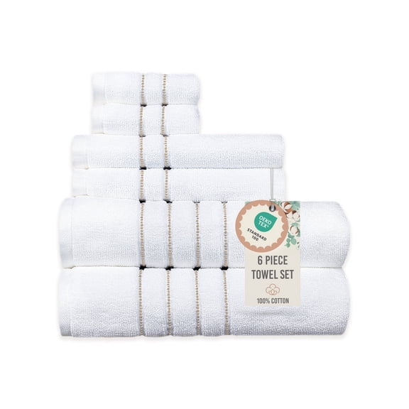 Wellness Hydration Stripe 100% Cotton 550 GSM 6 Piece Bath Towel Set, Ultra Soft & Absorbent, Quick Dry, 2 Bath 27x54, 2 Hand 16x28, 2 Wash 13x13, White with Oxford Stripes, OEKO-TEX® Certified
