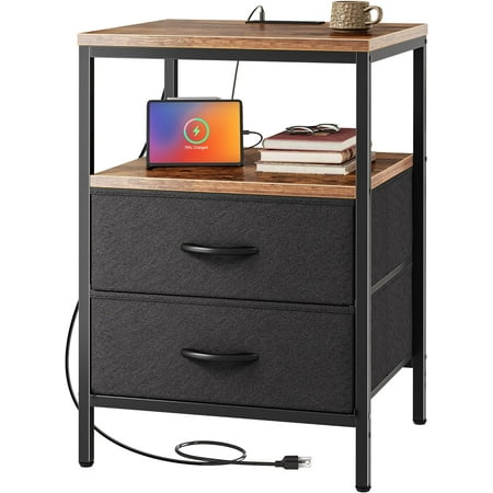 Yunwen Night Stand with Charger Station, 27.7 Inch Tall Nightstand, Bed Side Table with 2 Fabric Drawers, Fabric Drawer Dresser for Bedroom, Living Room, Rustic Brown and Black