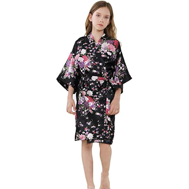 Filles Enfants Jonquilles Kimono en Satin Soyeux Robe pour Mariage Spa Fête, Court