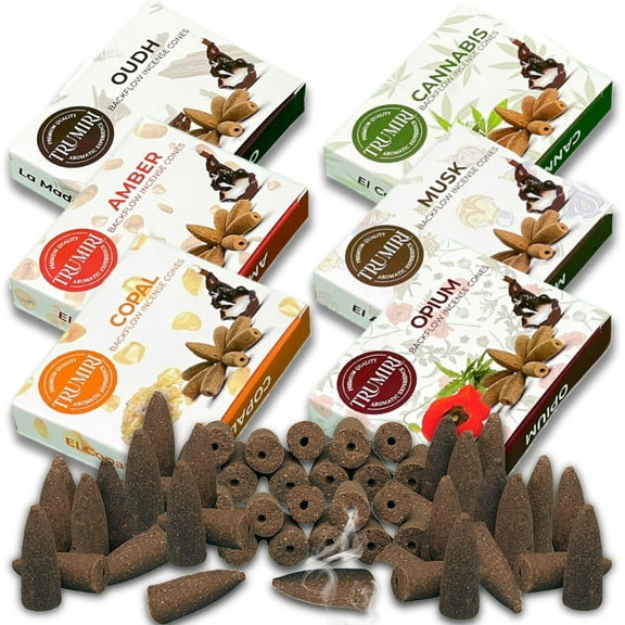 Trumiri Exotic Backflow Incense Cones - Variety Pack - Total 60 Incense Cones Waterfall (6 Scents X 10 Conos) - Copal, Oud, Musk, Amber - Incense Backflow Cones