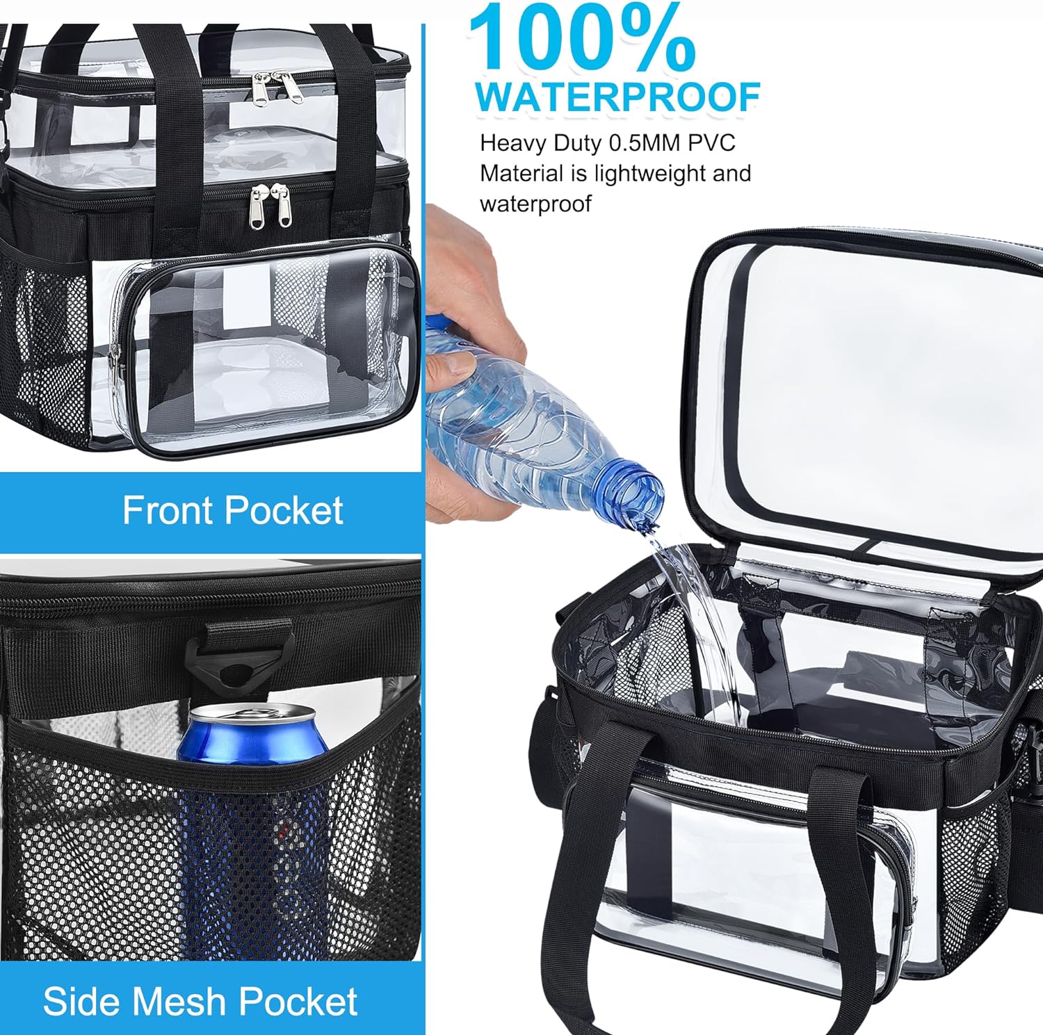 Clear Lunch Bag - Large Double-Deck Reusable Lunch Bag for Work | Heavy Duty PVC Material | 12.5 x 11 x 9 Capacity