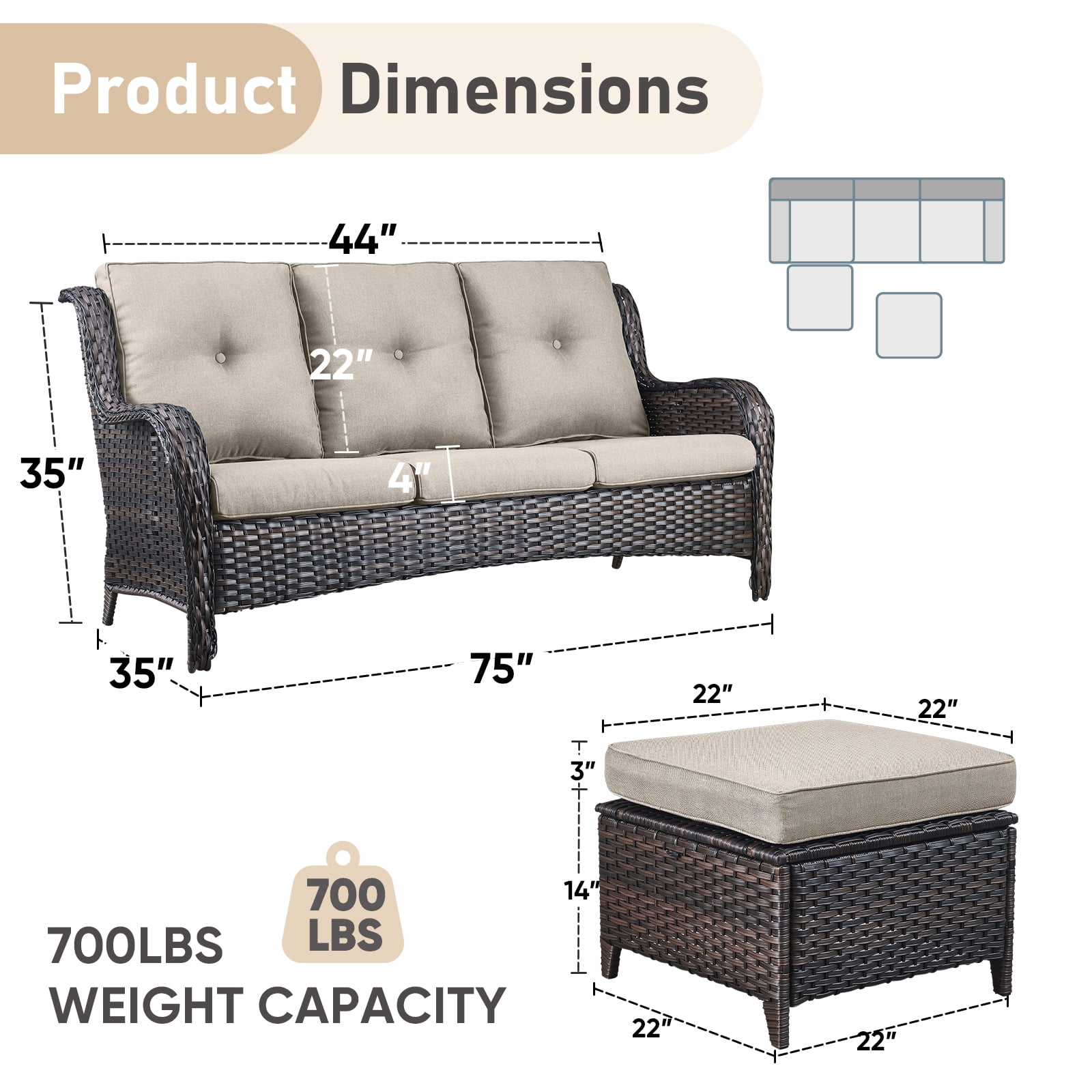 Gymojoy Outdoor Furniture 3-Piece Sofa, Patio Rattan Wicker Seactional Couch with Ottoman, Beige