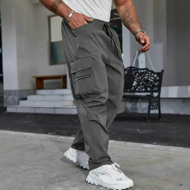 Pantalones largos para hombre, primavera y verano, color liso, bolsillos, color liso, cordón ajustable, ropa de trabajo, pantalones deportivos e informales, pantalones de poliéster para hombre.