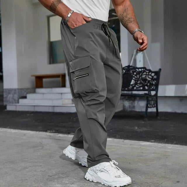 Pantalones largos para hombre, primavera y verano, color liso, bolsillos, color liso, cordón ajustable, ropa de trabajo, pantalones deportivos e informales, pantalones de poliéster para hombre.