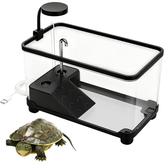 Clear Turtle Tank Aquarium Terrarium with Basking Platform, Small Reptile Habitat Enclosure Kit with Water Pump and LED Light for Baby Turtles, Crabs, 9.17 x 8.46 x 9.45 in(Black)