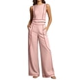 thumbnail image 2 of Womens 2 Piece Color Blocked Suits Sleeveless Crew Neck Tops Wide Leg High Waist Trousers Summer Comfy Fashion Set Pink XL, 2 of 7