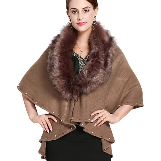 LinYooLi Women's Faux Fur Collar Shawl Wrap Fashionable Solid Color Poncho Cape Open Front Cardigan for Fall Winter 2022