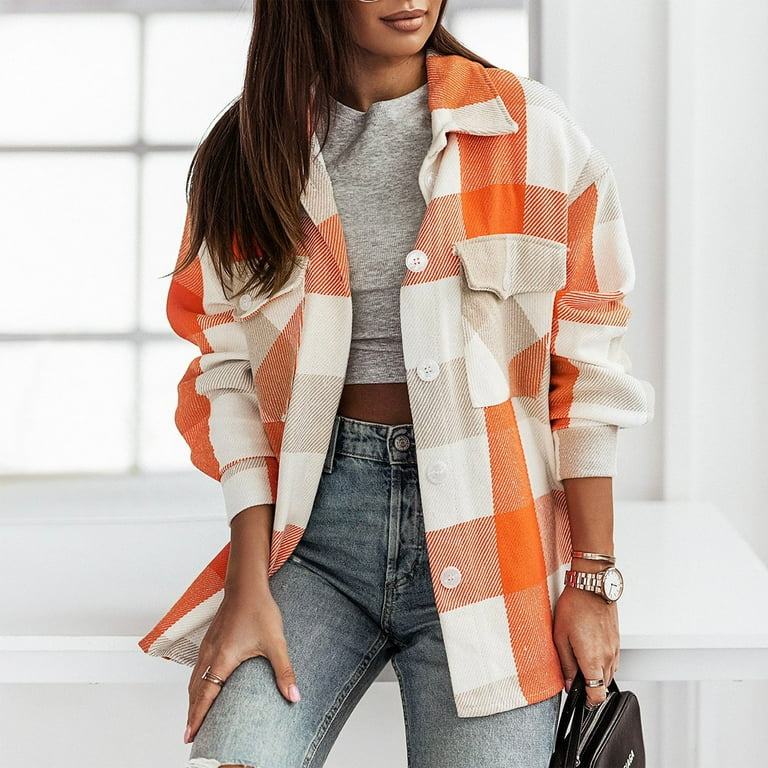RYRJJ Womens Flannel Plaid Shirt Jacket Button Down Long