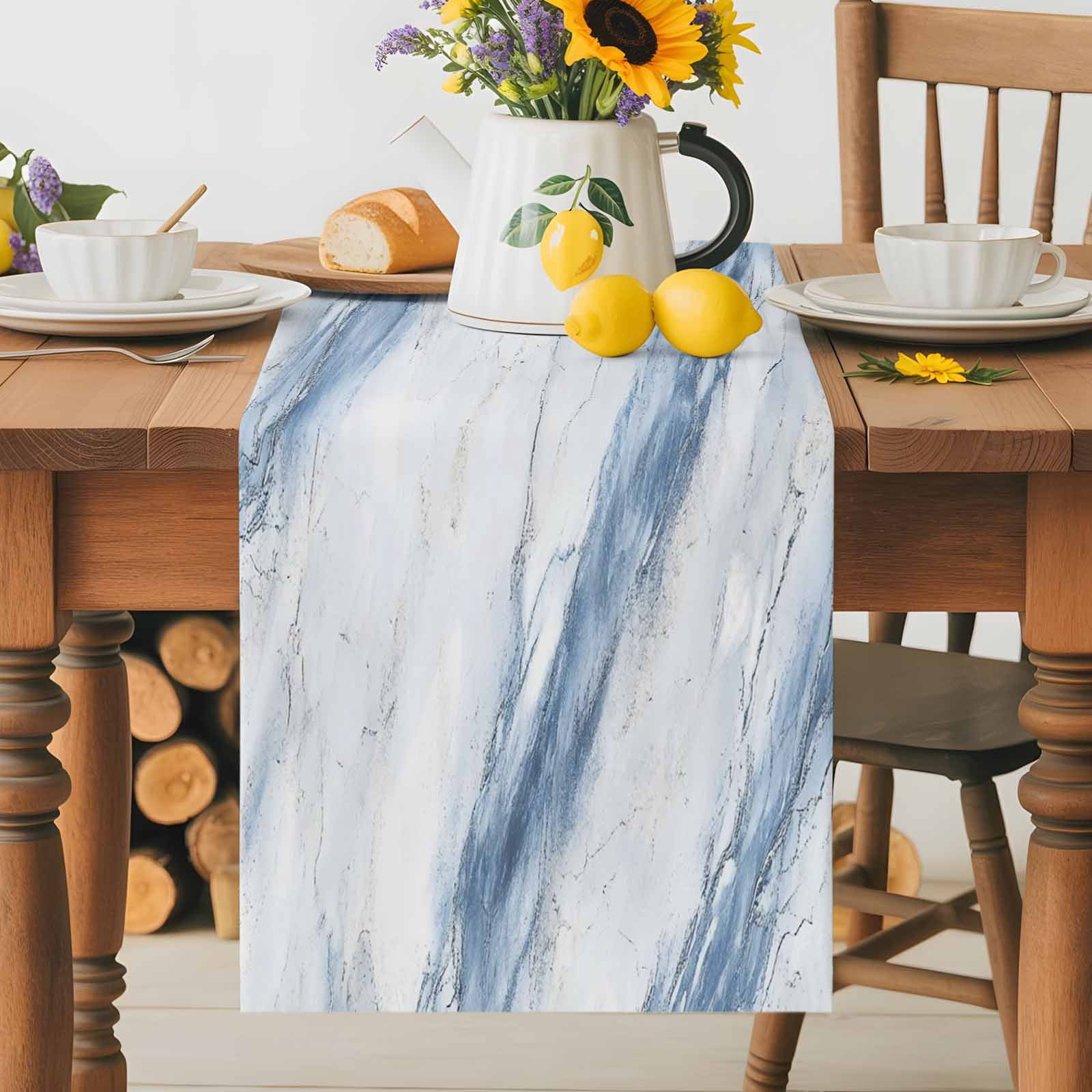 Abstract Marble Texture Table Runner 90 Inches Long, Modern Blue White Stone Art Table Runners Tabletop Scarf Kitchen Dining Tables Decoration for Home Party Indoor Outdoor