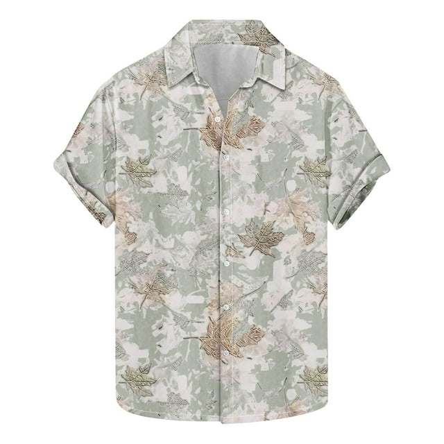 Blusa y camisa de manga corta con cuello vuelto para hombre, camisa informal de moda con estampado de hojas y solapa de manga corta, blusa para hombre