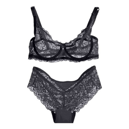 Matching Bra and Panty Sets  Prolriy Women s Underwire Lace Bras Push up Bra and Bikini Panties Sets Womens Underwear Black 38
